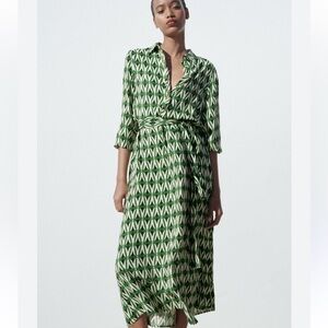 ZARA Patterned Green Shirt Dress with Tie Waist